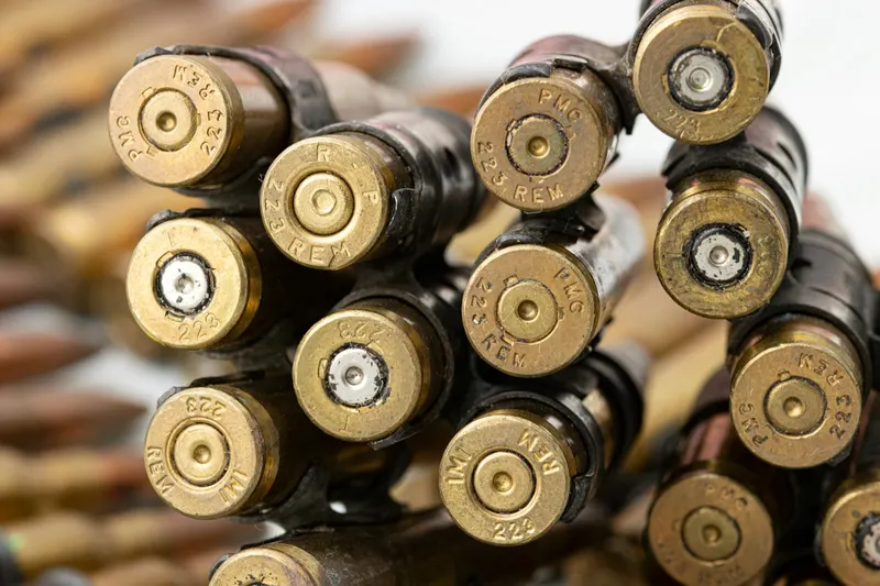 Close-up of linked rifle rounds