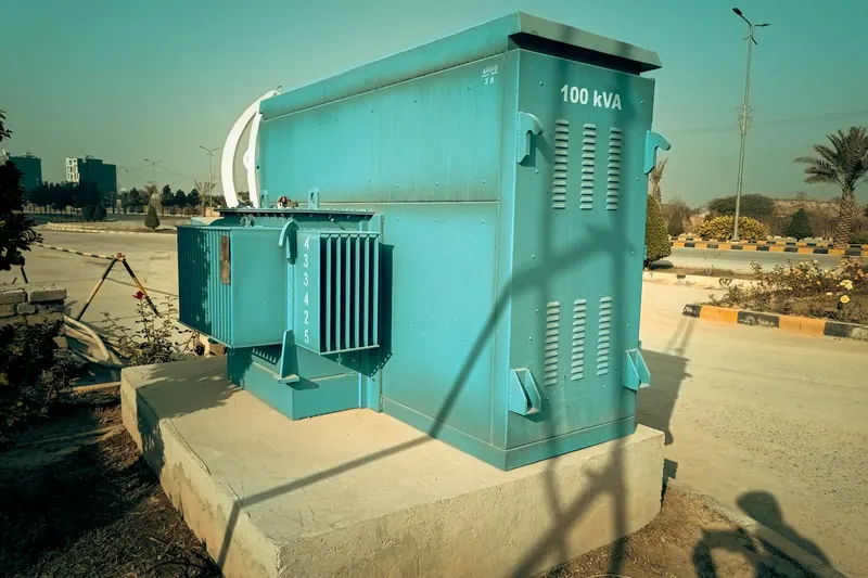 Weathered pad-mount transformer outdoors